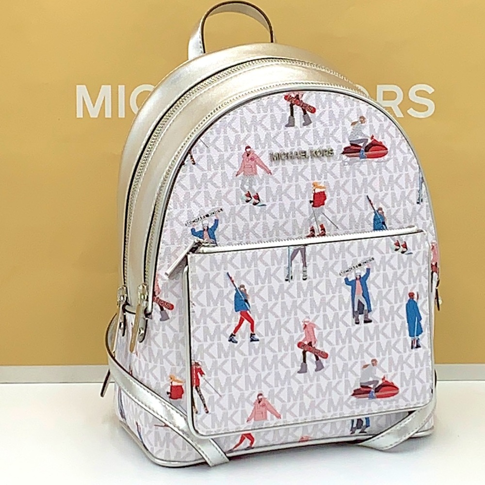 Michael Kors Jet Set Girls Adina Medium Backpack MK Bright White Silver Multi - Picture 1 of 16